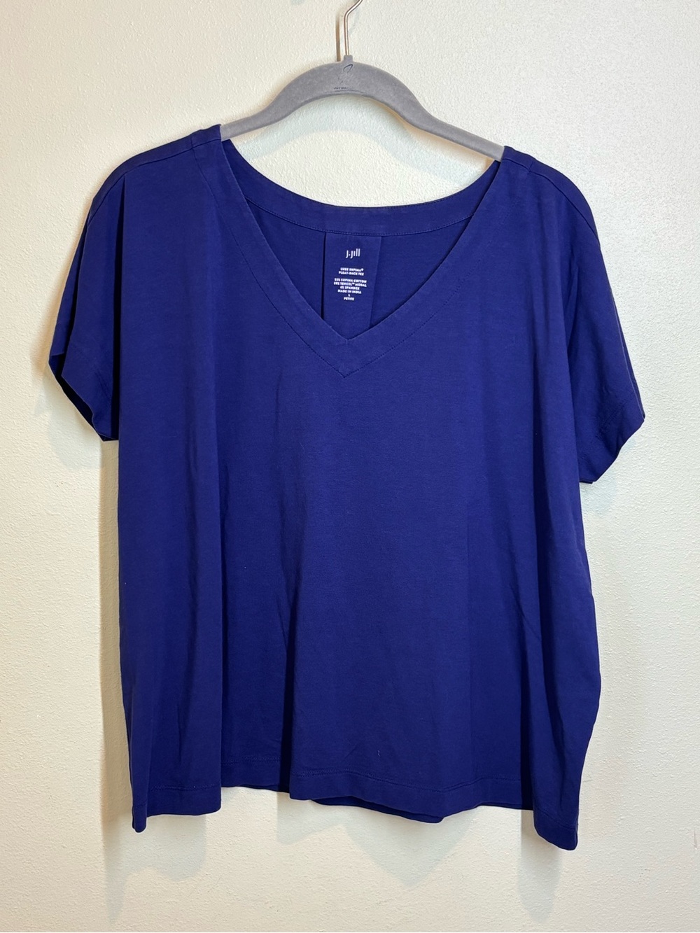 J. Jill Women's Luxe Supima Pleat Back Tee, V-Neck, Deep Blue, Petite Large